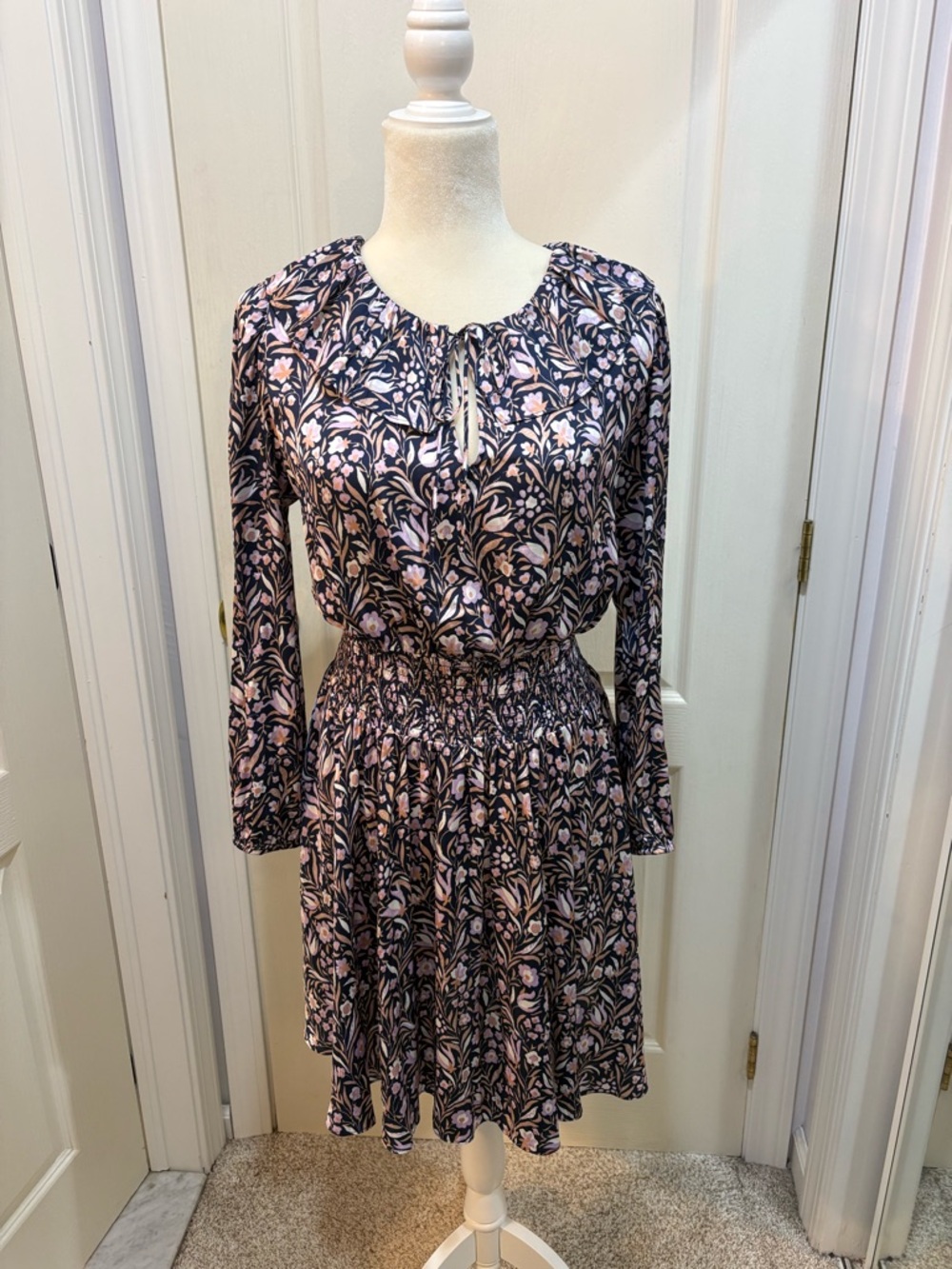 J. Crew Navy and Light Pink Floral Long-Sleeve Smocked Waist Dress